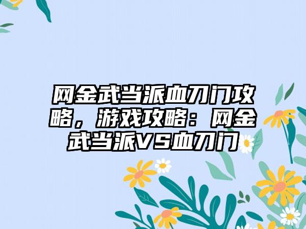 网金武当派血刀门攻略，游戏攻略：网金武当派VS血刀门