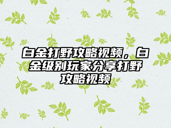 白金打野攻略视频，白金级别玩家分享打野攻略视频