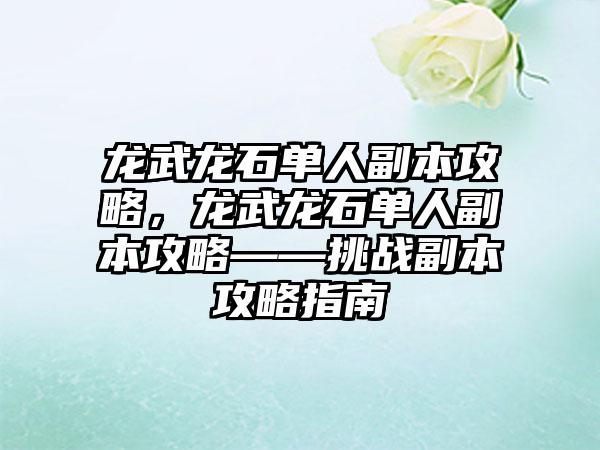 龙武龙石单人副本攻略，龙武龙石单人副本攻略——挑战副本攻略指南