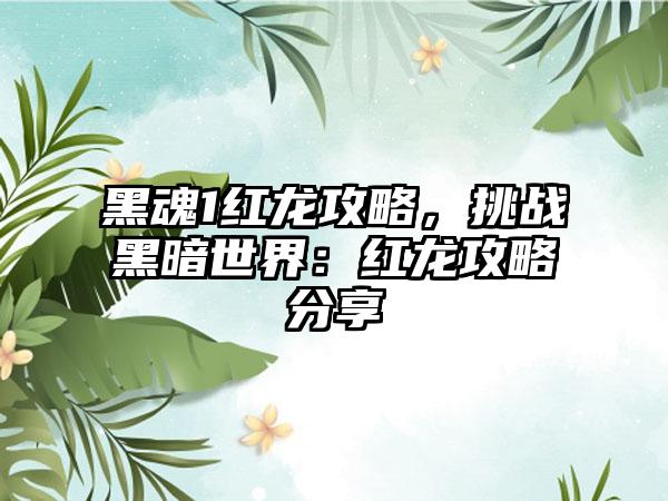 黑魂1红龙攻略，挑战黑暗世界：红龙攻略分享