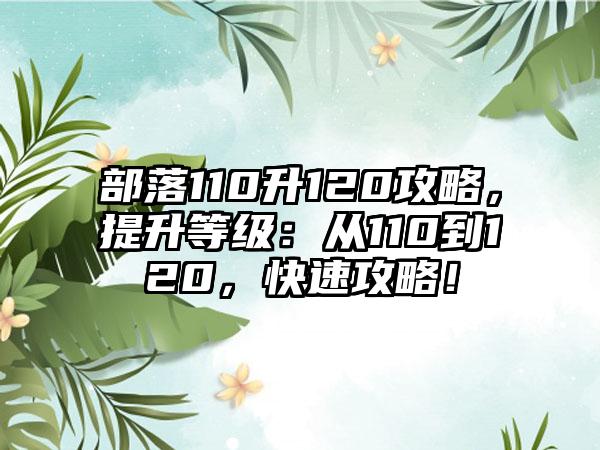 部落110升120攻略，提升等级：从110到120，快速攻略！