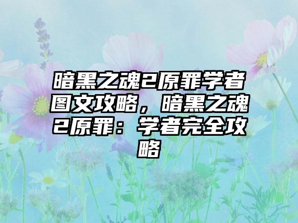 暗黑之魂2原罪学者图文攻略，暗黑之魂2原罪：学者完全攻略