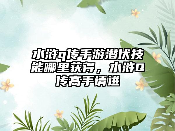水浒q传手游潜伏技能哪里获得，水浒Q传高手请进