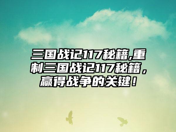 三国战记117秘籍,重制三国战记117秘籍，赢得战争的关键！