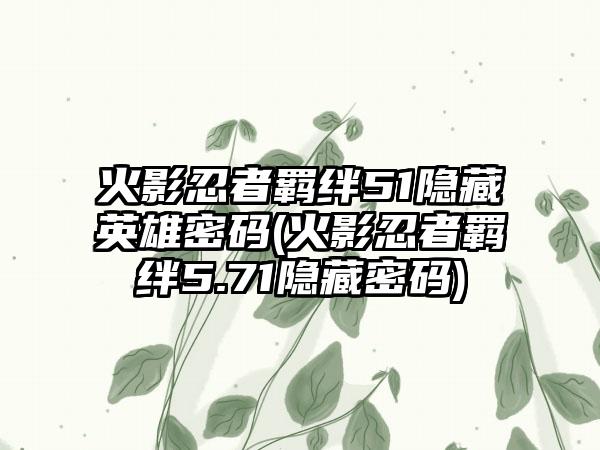 火影忍者羁绊51隐藏英雄密码(火影忍者羁绊5.71隐藏密码)